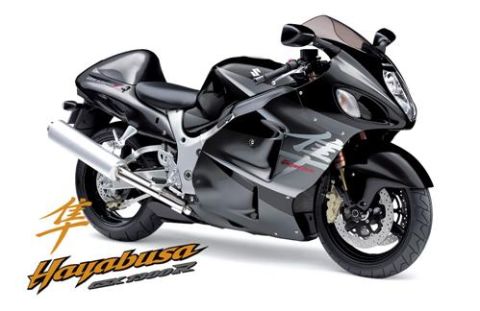2002 Kawasaki Ninja - Suzuki Hayabusa GSX 1300R motorcycle shown in black with prominent gold lettering.
