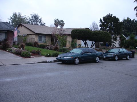 1995 Ford Taurus - Two dark green 1995 Ford Taurus sedans are parked on a residential street in front of a house.