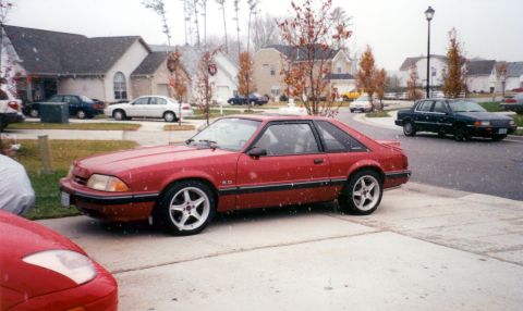 1991 Ford Bronco - Red 1991 Ford Mustang coupe with 5.0 badging and white 5-spoke wheels parked on a snowy day.