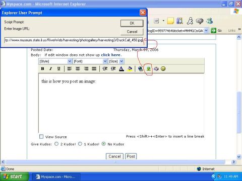 1992 Ford Bronco - Screenshot shows an Explorer User Prompt dialog box on a MySpace page, with an image URL visible in the input field.