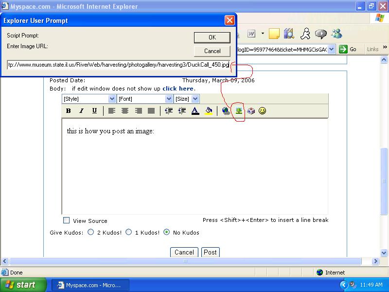 Screenshot of MySpace page with Explorer User Prompt dialog box