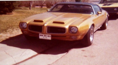1972 Ford Ranchero - A gold 1973 Pontiac Firebird coupe is parked on a concrete driveway, with another vehicle visible behind it.