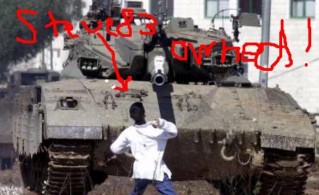1996 Ford F-150 - A person stands before a large military tank, with red text scrawled across the image.