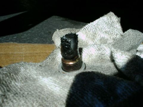 1992 Ford Bronco - Metal shavings on an engine oil drain plug indicate potential internal wear. This part is being removed for inspection.