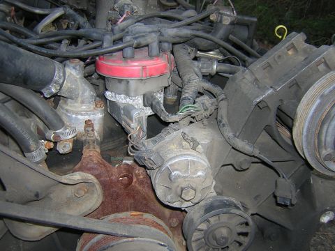 1979 Ford Bronco - A detailed view of an engine bay, focusing on the distributor cap, wiring harness, and various pulleys and hoses.