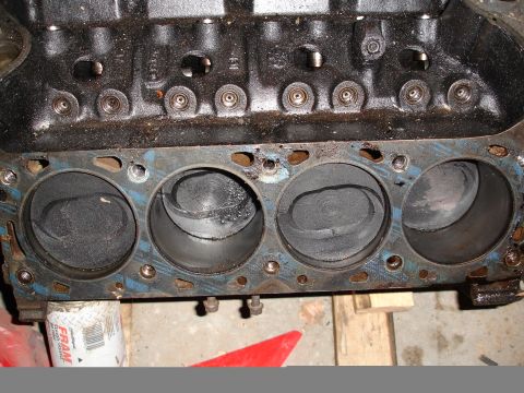 1979 Ford F-150 - Engine block with pistons visible in cylinders. A FRAM oil filter is partially visible.