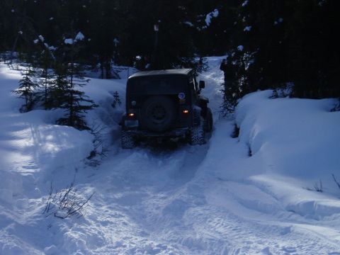 2000 Ford E350 - A Jeep Wrangler navigates a snow-covered path surrounded by trees.