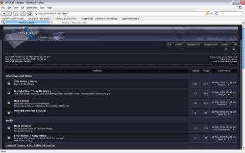 1993 Ford Taurus - The SHOCal Forum Index page displays various sections including Site News, Mod Central, and Media, with recent post activity listed.