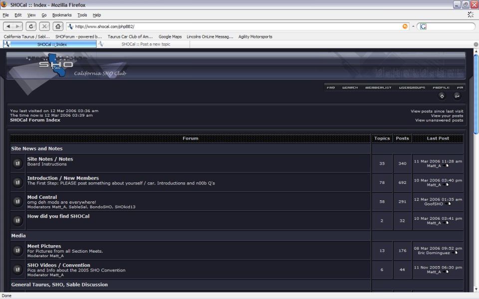 SHOCal Forum Index page with navigation links and post details