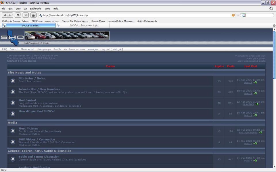 Screenshot of the SHOCal forum index page, showing forum categories and recent posts