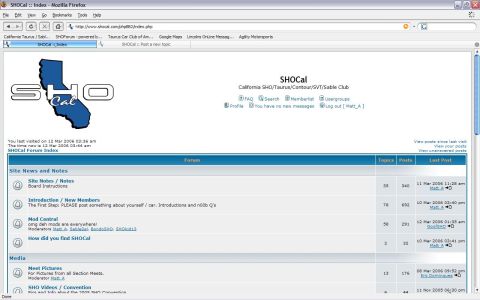 1993 Ford Taurus - Screenshot of the SHOCal forum index page, showing various sections and recent posts.