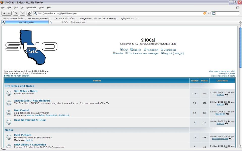 Screenshot of SHOCal forum index page