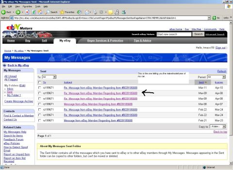 1995 Ford Crown Victoria - Screenshot of an eBay messages sent folder, displaying email subjects and dates.