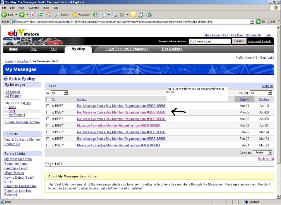 eBay messages interface showing sent emails