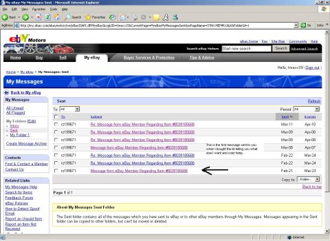 1995 Ford Crown Victoria - This is a screenshot of an eBay messages sent folder, displaying a list of sent messages with dates and subjects.