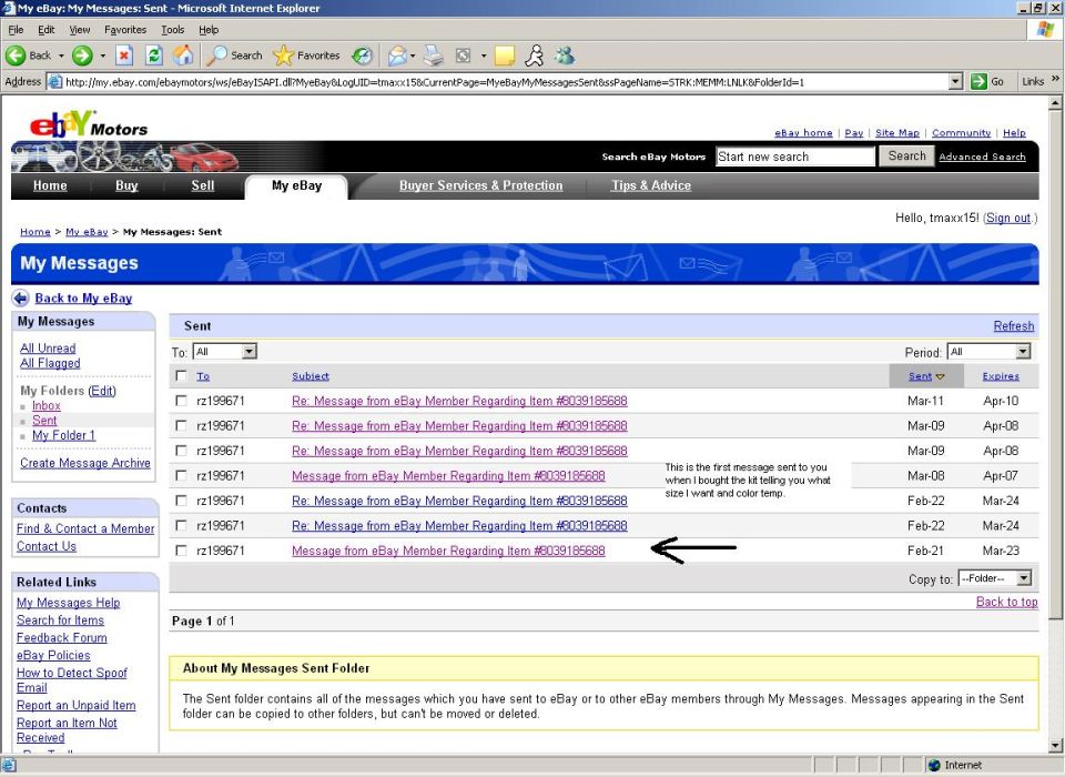 Screenshot of an eBay messages sent folder showing a list of messages