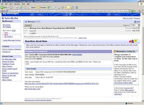 1995 Ford Crown Victoria - This screenshot displays an eBay message thread discussing the purchase of HID conversion kits.