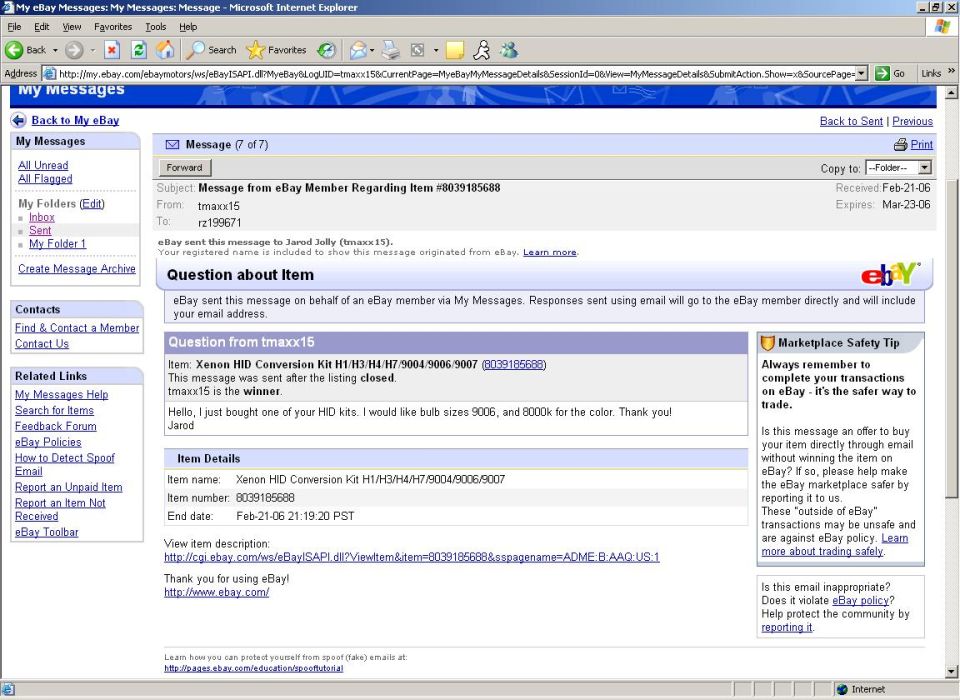 Screenshot of an eBay message interface showing a conversation about HID conversion kits