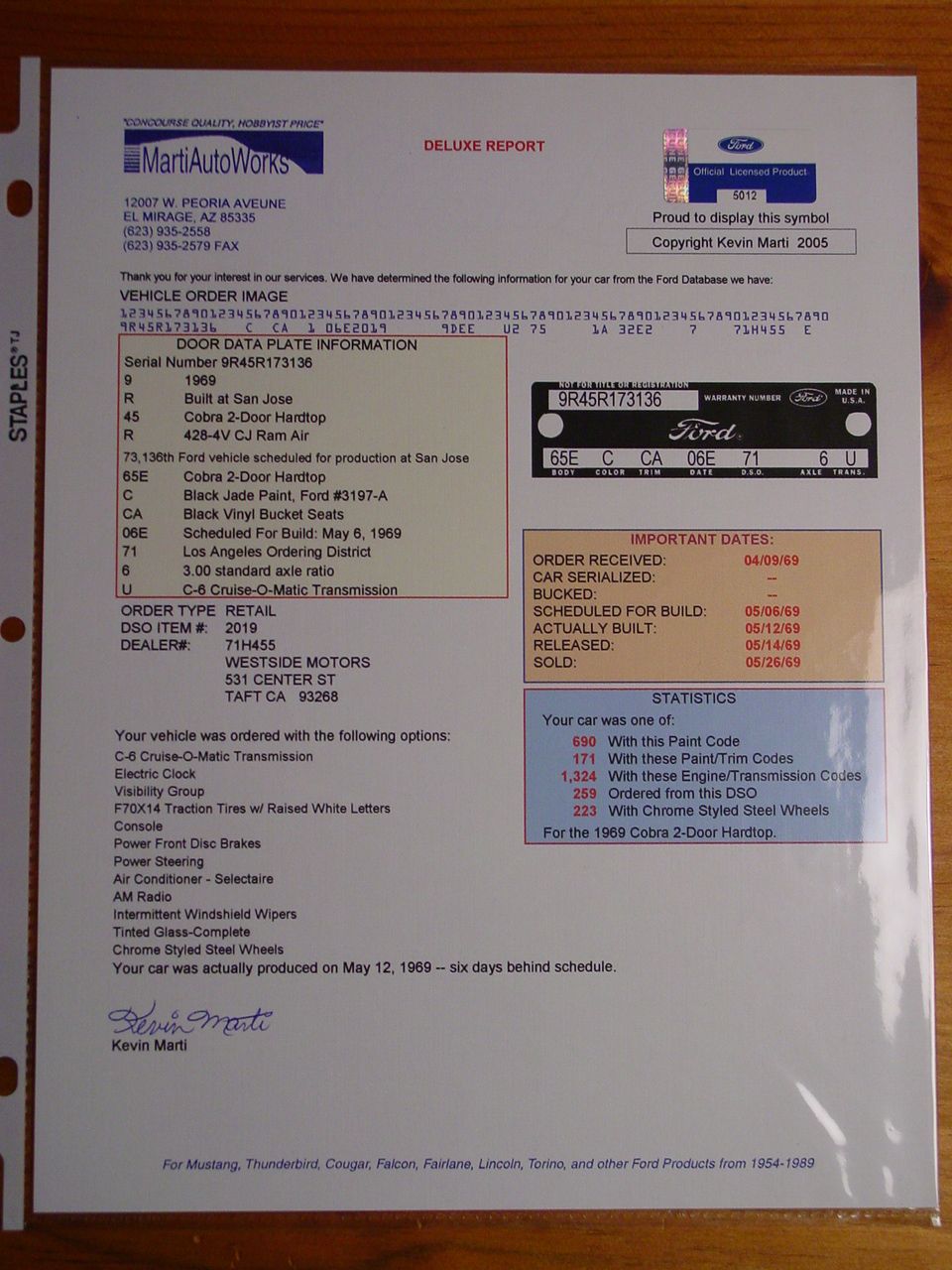 Marti Auto Works deluxe report for a 1969 Ford Cobra two-door hardtop with build dates and options