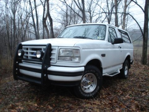 1995 Ford Bronco - This 1995 Ford Bronco is equipped with a front bull bar and is seen parked in a wooded area.