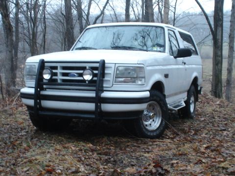 1995 Ford Bronco - 1995 Ford Bronco with a bull bar, parked outdoors in a wooded area.