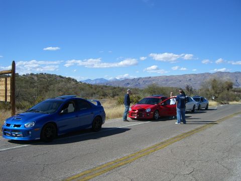 1996 Ford Probe - Several Dodge Neon SRT-4s are lined up on a road with mountains in the background.