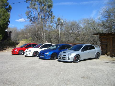 1996 Ford Probe - A line of Dodge Neon SRT-4s are parked in a gravel lot with trees and a wooden structure in the background.