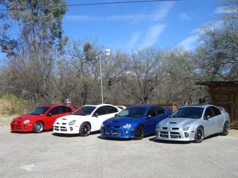 1996 Ford Probe - A lineup of four Dodge SRT-4 sedans in various colors under a bright blue sky.