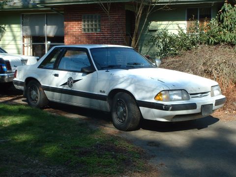 1987 Ford Mustang - A white 1987 Ford Mustang police car is parked in a driveway, displaying a "5.0" badge on its fender.