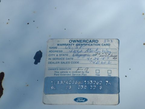 1987 Ford Mustang - This Ford owner card contains warranty identification details and a VIN number.