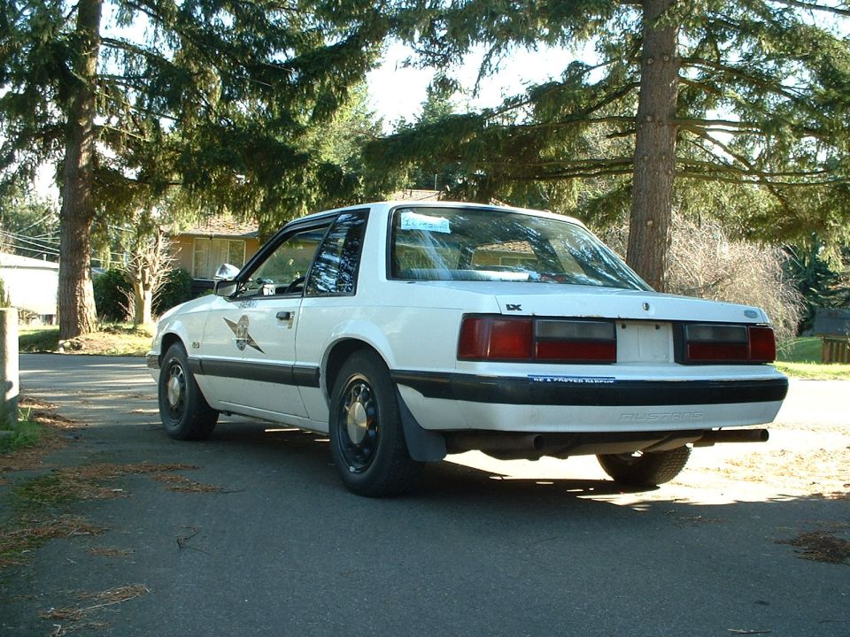 White 1987 Ford Mustang coupe with a police-style decal on the door, parked on a paved surface