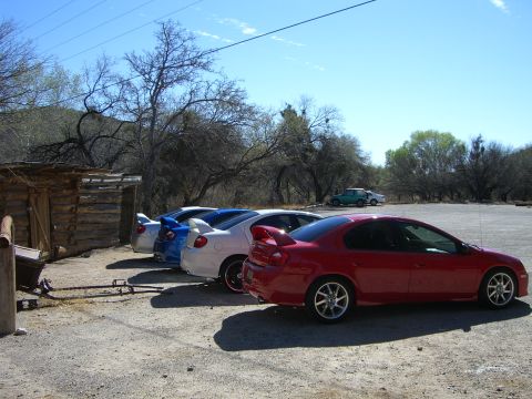 1996 Ford Probe - A line of Dodge Neon SRT-4s are parked in a gravel lot with a rustic wooden building nearby.