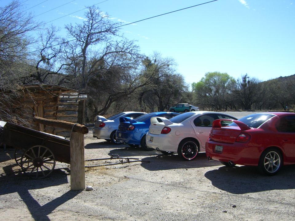 Four Dodge Neon SRT-4s parked in a lot, red, white, blue, and silver