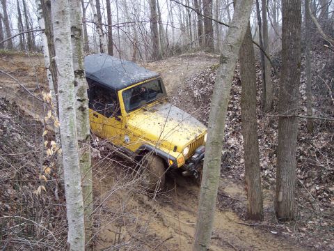 1974 Ford Bronco - A yellow Jeep Wrangler navigates a challenging muddy off-road trail surrounded by trees.