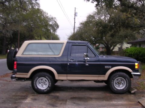 1988 Ford Bronco - This 1988 Ford Bronco is shown in a side profile, a two-tone paint scheme and a rear-mounted spare tire.