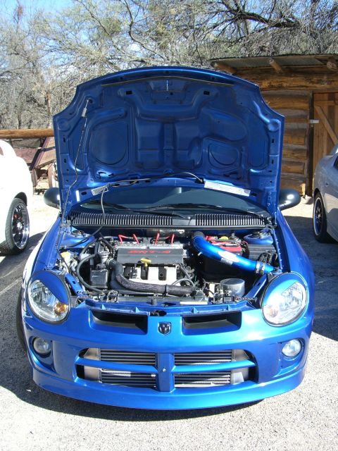 1996 Ford Probe - A blue Dodge Neon SRT-4 is parked outside with its hood open, revealing the engine bay.
