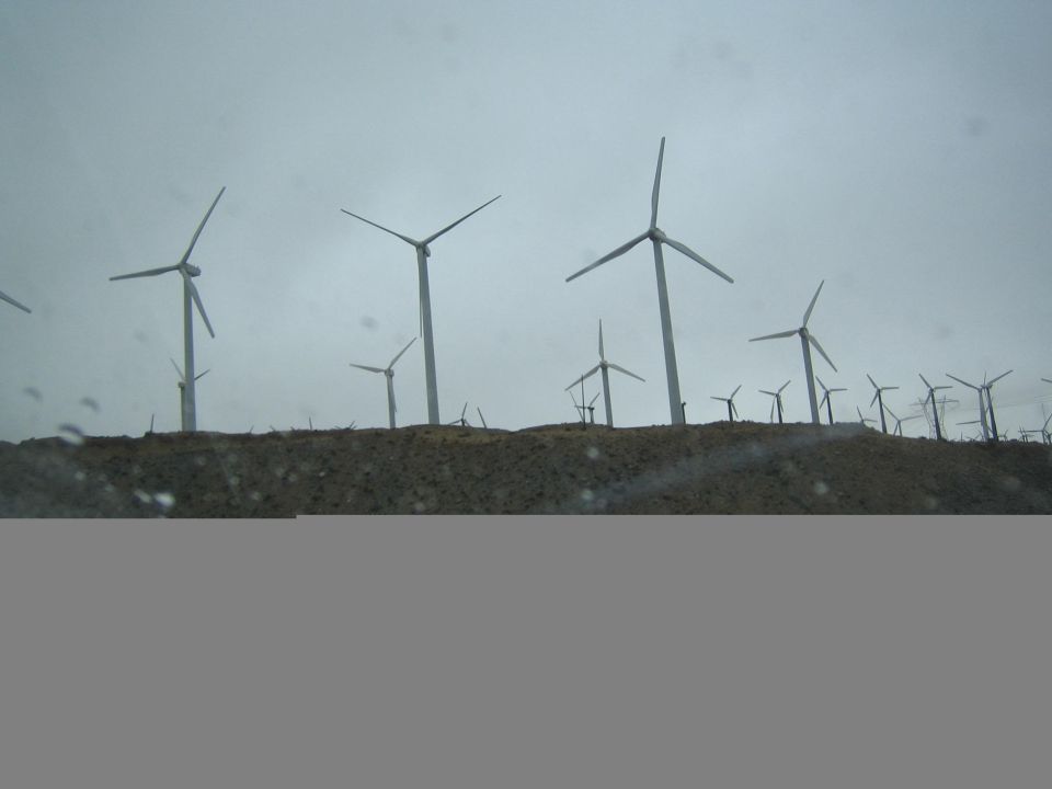 Field of wind turbines on a low ridge under gray sky, lower frame obscured