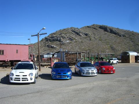 1996 Ford Probe - A lineup of four Dodge SRT-4s are parked in a dusty lot with a mountain range in the background.