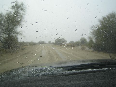 1990 Ford Bronco - wide sandy track runs between desert trees, seen through a windshield covered in raindrops over a dark dashboard.