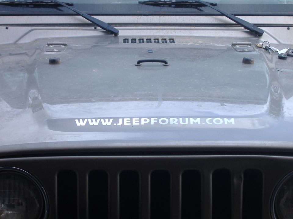 Gray Jeep Wrangler hood with WWW.JEEPFORUM.COM sticker and grille