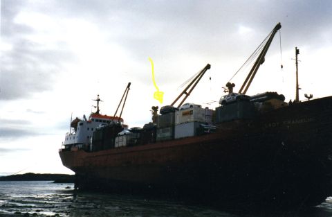 1986 Ford Bronco - There it is perched precariously on top on a sea-can container on top of the deck.
