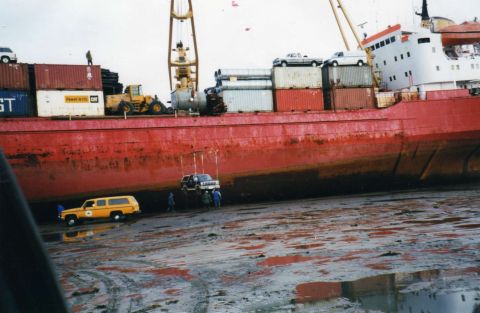 1986 Ford Bronco - Once in a blue moon, when there is a need, they just bulldoze a temporary causeway out to the ships so the cargo can be unloaded.