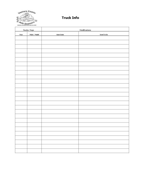 1967 Ford Bronco - This document is a blank form for tracking truck information, including maintenance and modifications.