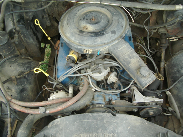 Engine bay with blue Ford engine block, air cleaner, and hoses