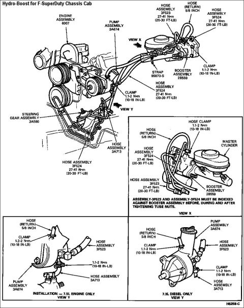 1991 Ford Bronco - Diagram illustrates the hydro-boost brake system components for F-SuperDuty Chassis Cab, detailing various assemblies and hose connections.