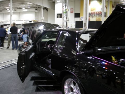 1981 Ford Mustang - A black coupe with custom flame graphics on the hood is displayed indoors with its doors and hood open.