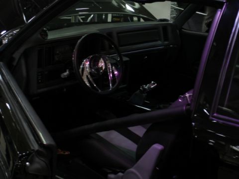 1981 Ford Mustang - The interior of a modified car features a roll cage and custom steering wheel.