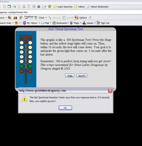 1994 Ford Thunderbird - A web page shows a drag racing simulation with a 'Sportsman Tree' graphic and a dialog box indicating a reaction time of 0.5 seconds.
