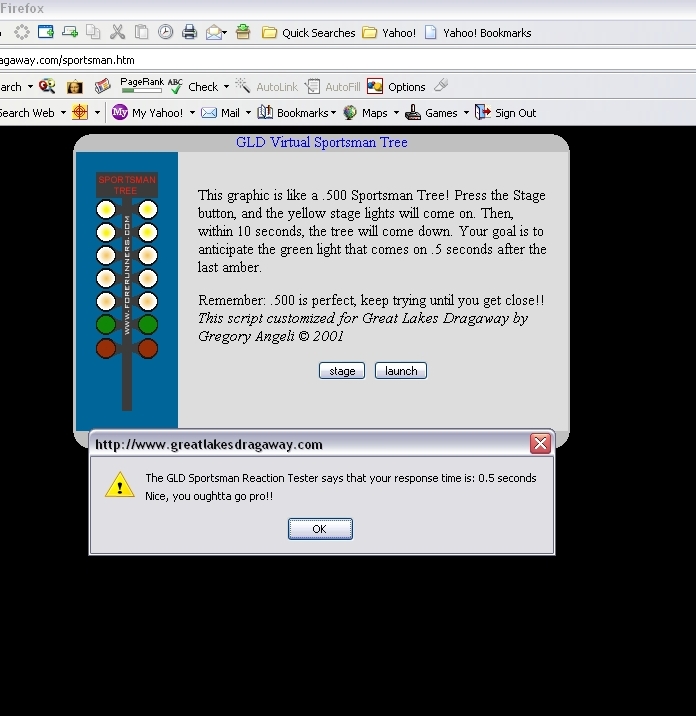 Screenshot of a web page displaying a drag racing 'Sportsman Tree' graphic and a reaction tester dialog box