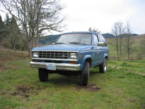 1991 Ford Explorer - A blue Ford Bronco II is parked on a grassy field with trees in the background.